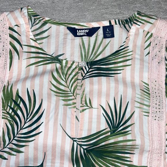 Lands End Sz L 14-16 Pink & White Striped Palms Tunic Mature Tropical Beach Cool - Picture 8 of 9